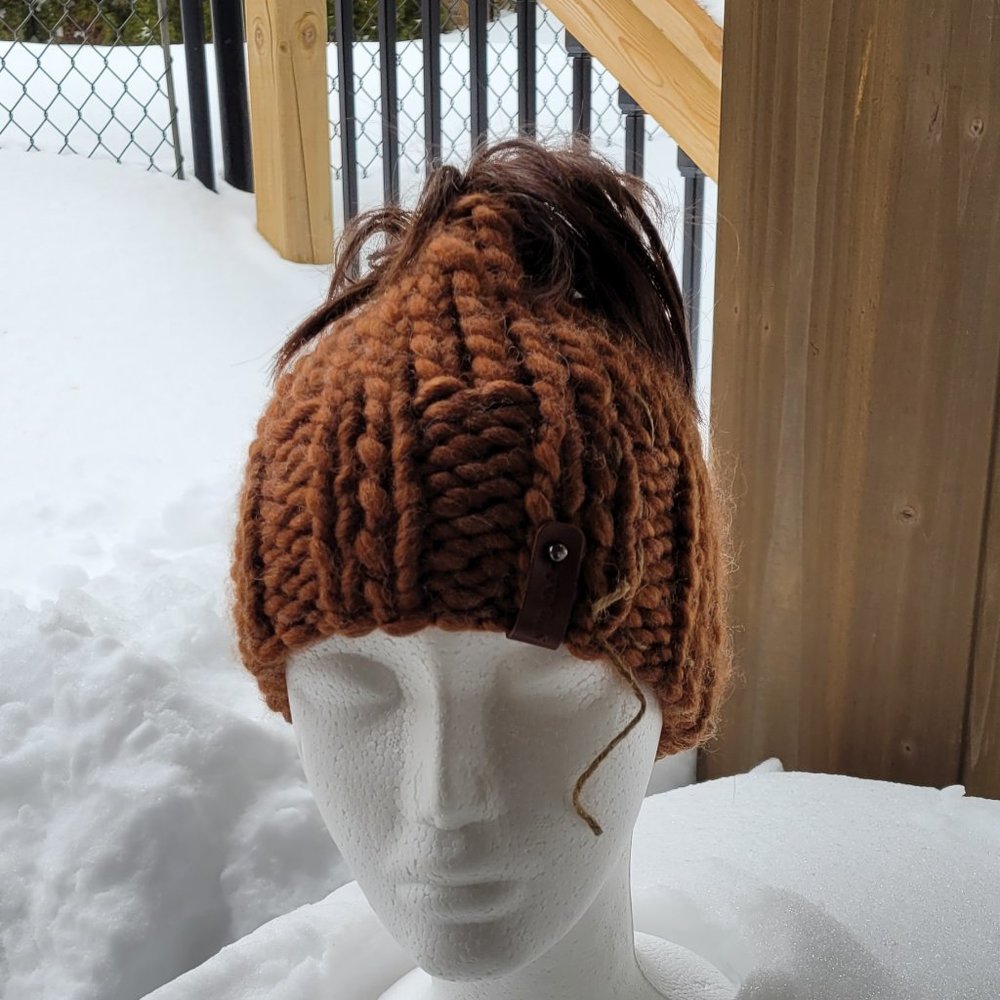 Hand Knitted Wool Ponytail Hat , One Size, cinnamon color